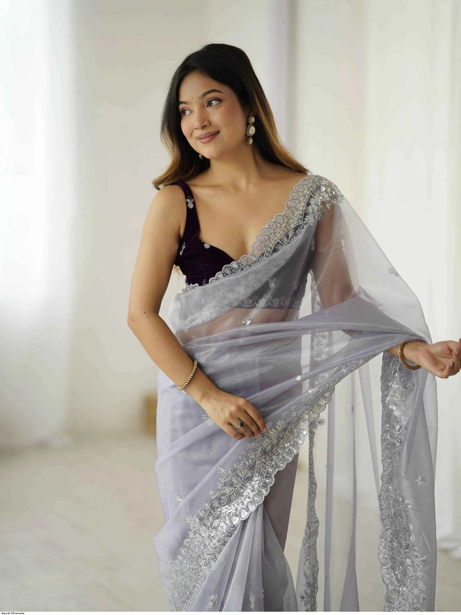 Nayoora Silver Twill Net Saree – Sequin Zari Work & Velvet Blouse - Nayoora