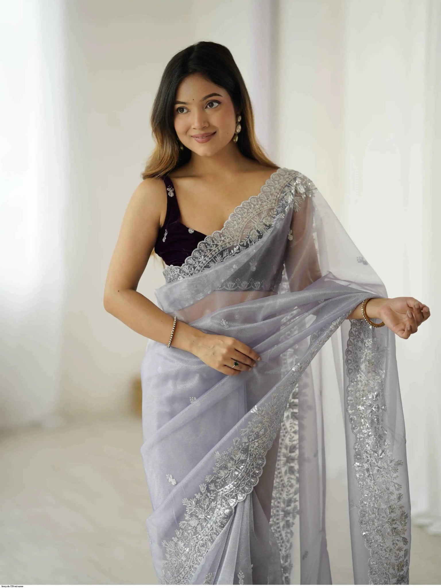 Nayoora Silver Twill Net Saree – Sequin Zari Work & Velvet Blouse - Nayoora