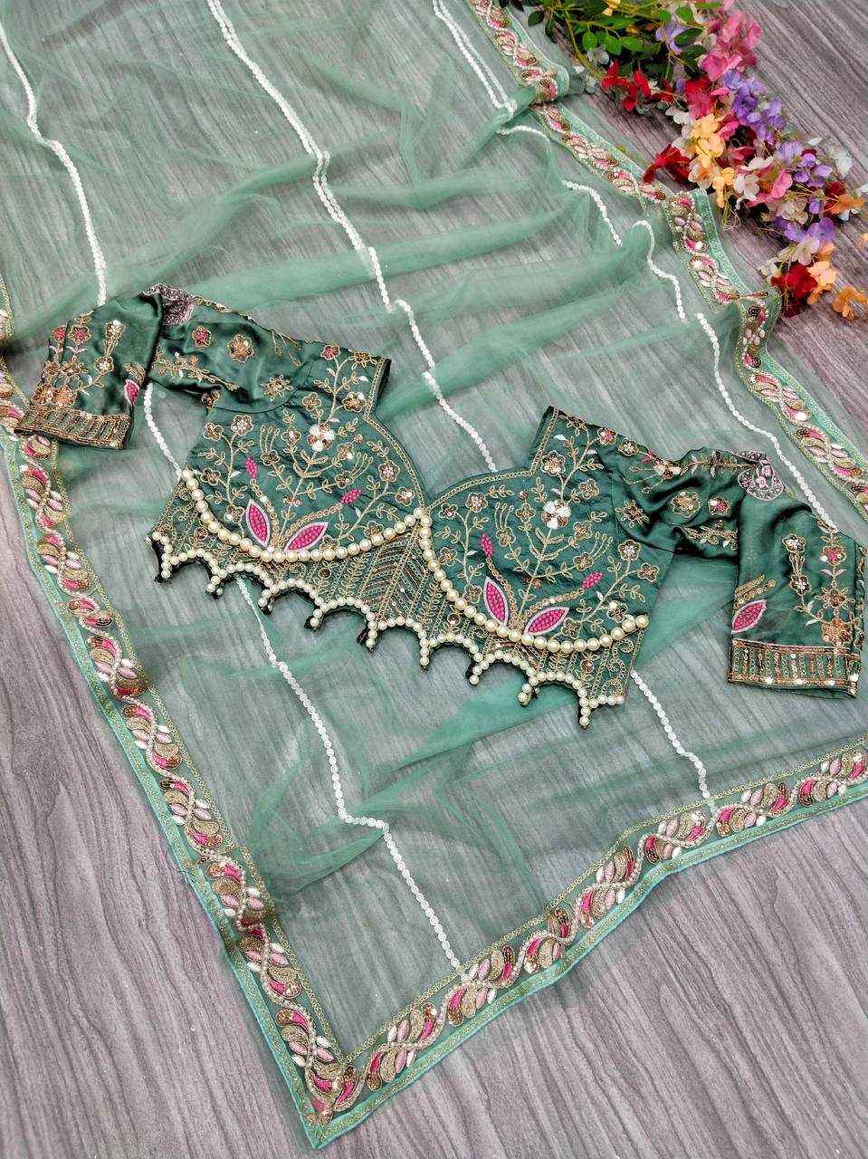 Nayoora Sky Blue Net Saree with Couture Pearl Work Blouse - Nayoora