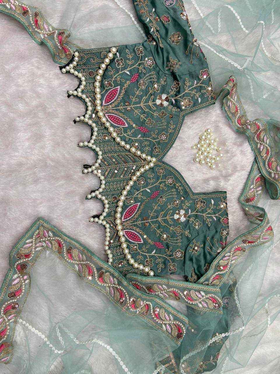 Nayoora Sky Blue Net Saree with Couture Pearl Work Blouse - Nayoora