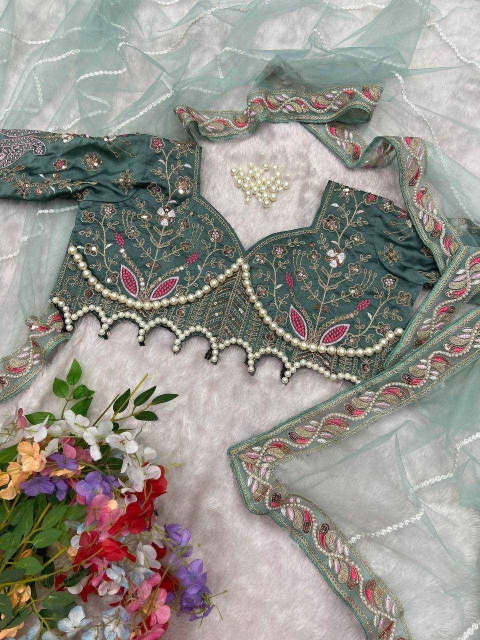 Nayoora Sky Blue Net Saree with Couture Pearl Work Blouse - Nayoora