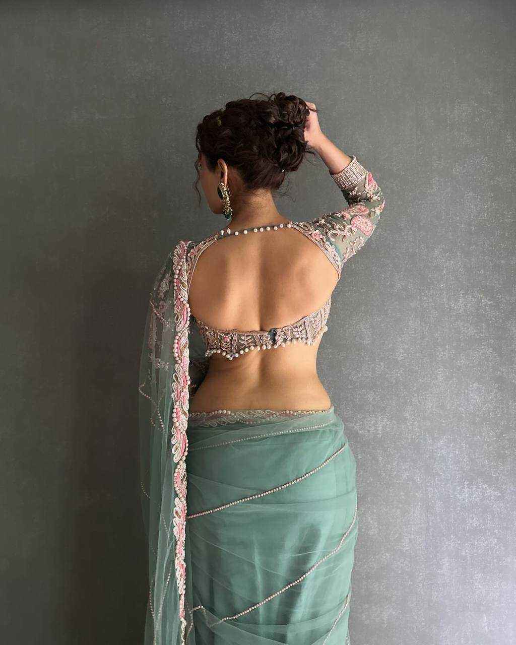 Nayoora Sky Blue Net Saree with Couture Pearl Work Blouse - Nayoora