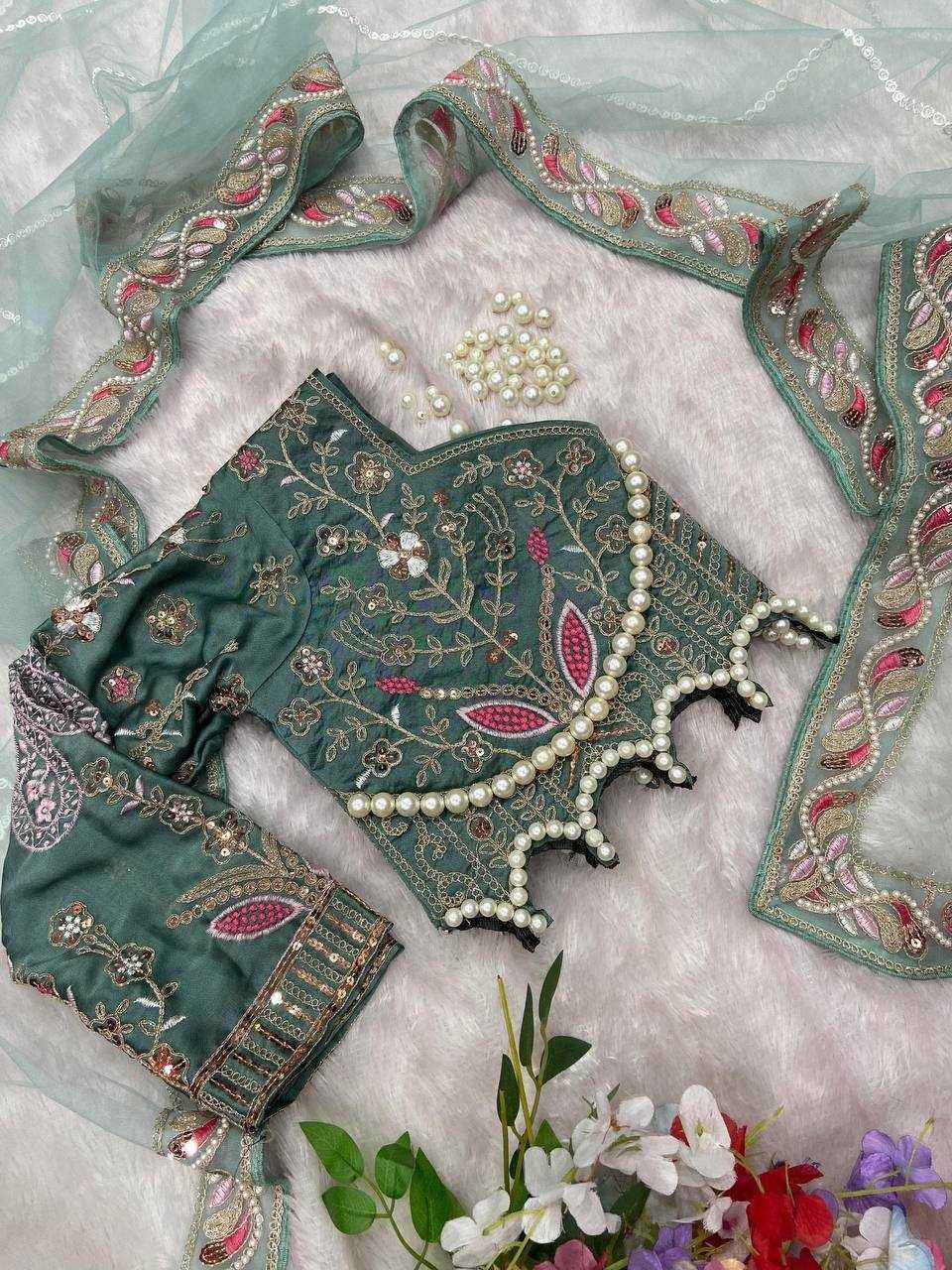 Nayoora Sky Blue Net Saree with Couture Pearl Work Blouse - Nayoora