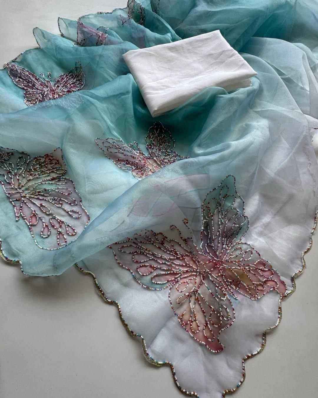 Nayoora Sky Blue Organza Saree – Butterfly Print & Pearl Handwork - Nayoora