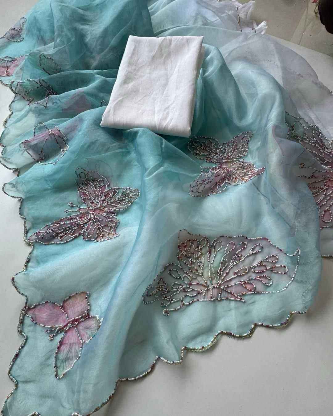 Nayoora Sky Blue Organza Saree – Butterfly Print & Pearl Handwork - Nayoora