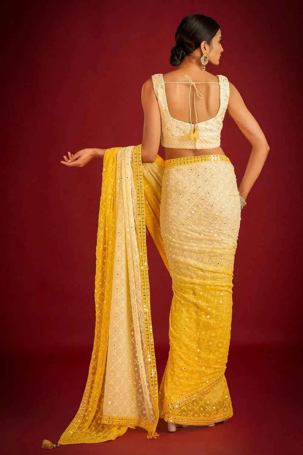 Nayoora Sunshine Yellow Georgette Sequin Embroidered Saree - Nayoora