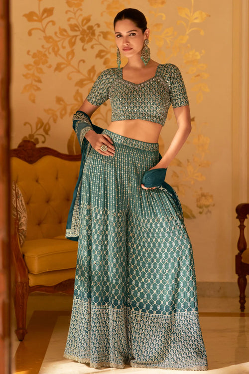 Nayoora Teal Embellished Georgette Palazzo Suit with Dupatta - View 1