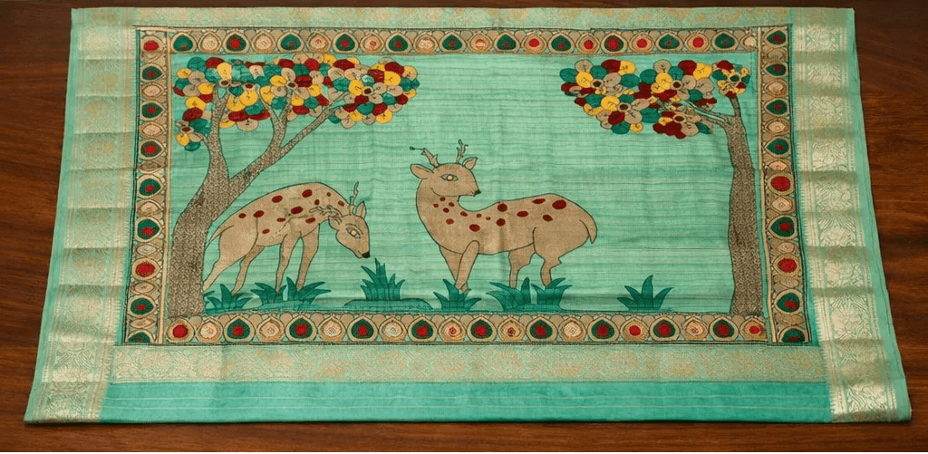 Nayoora Teal Green Kalamkari Art Silk Designer Saree - Nayoora