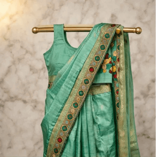Teal green silk saree with gold border and multicolor kalamkari panel