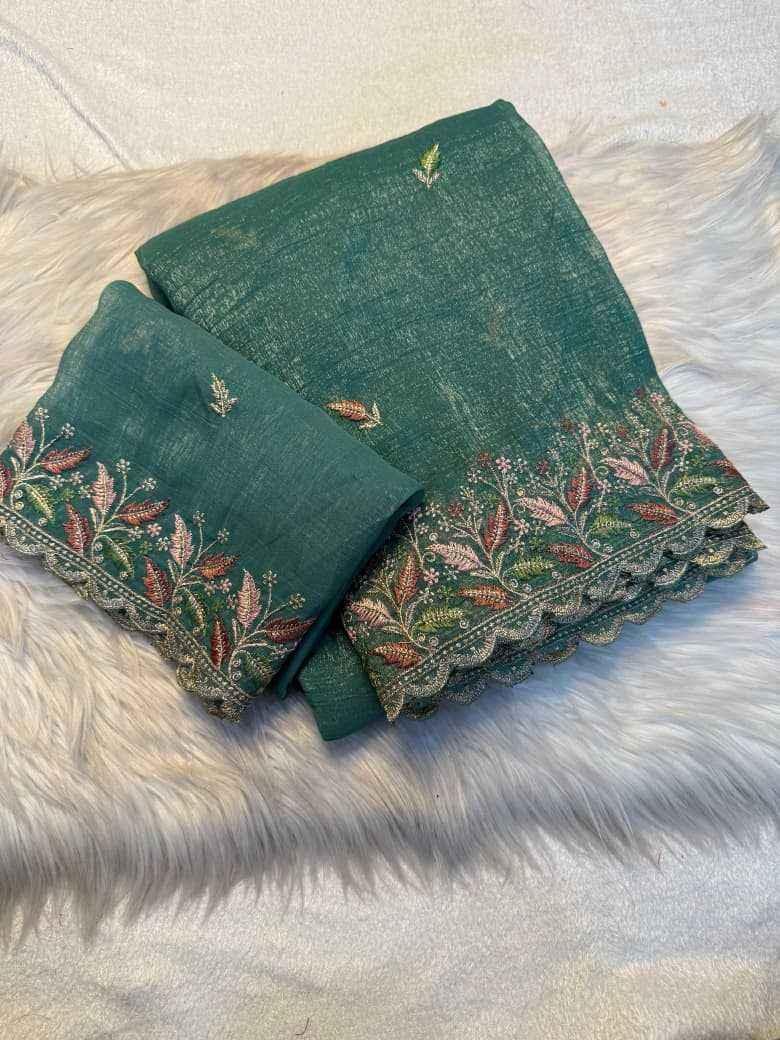 Folded teal green shimmer saree with multicolor floral border and gold embroidery