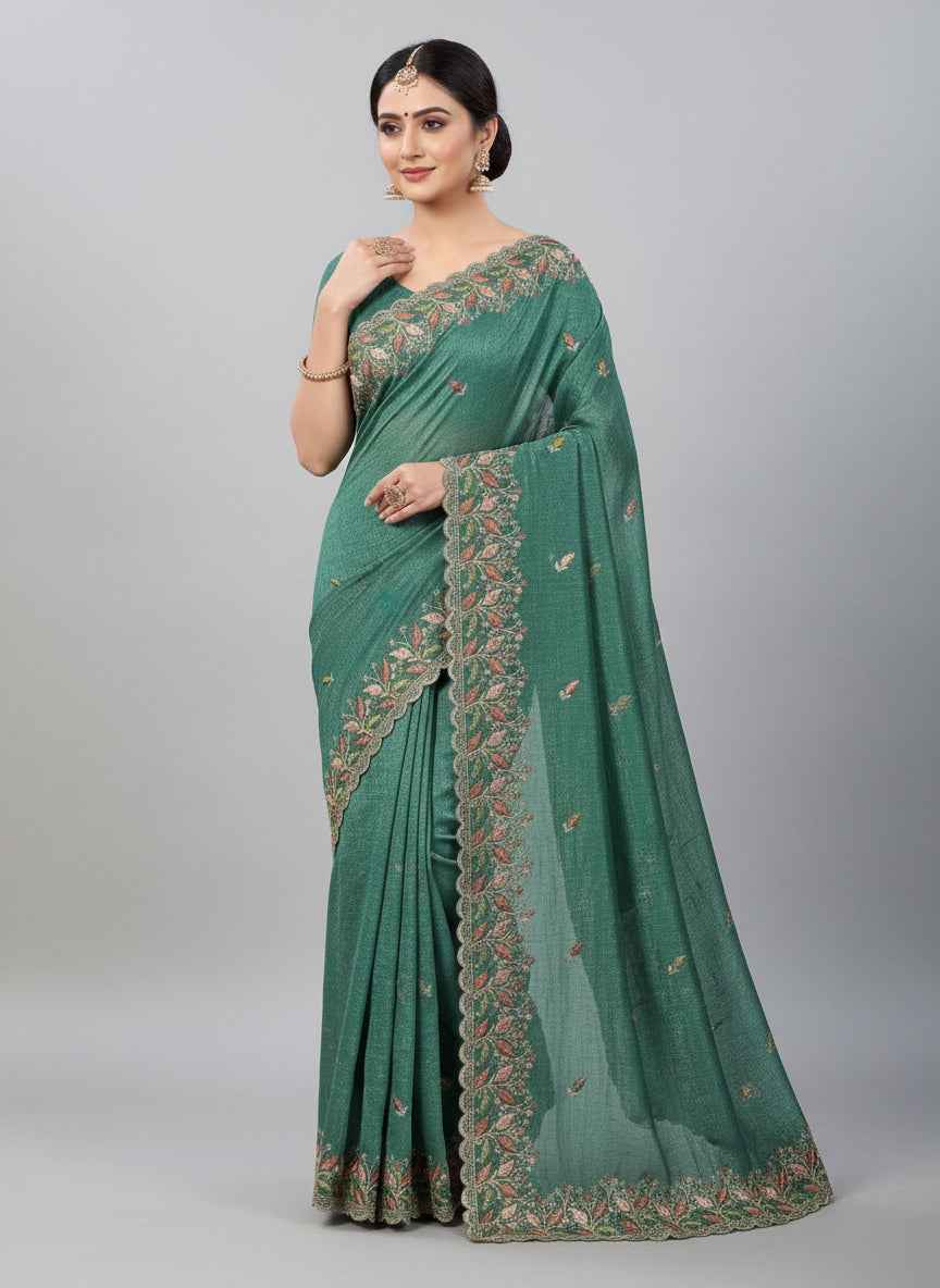 Nayoora Teal Green Shimmer Crush Saree – Multi - Color Floral Embroidery - Nayoora
