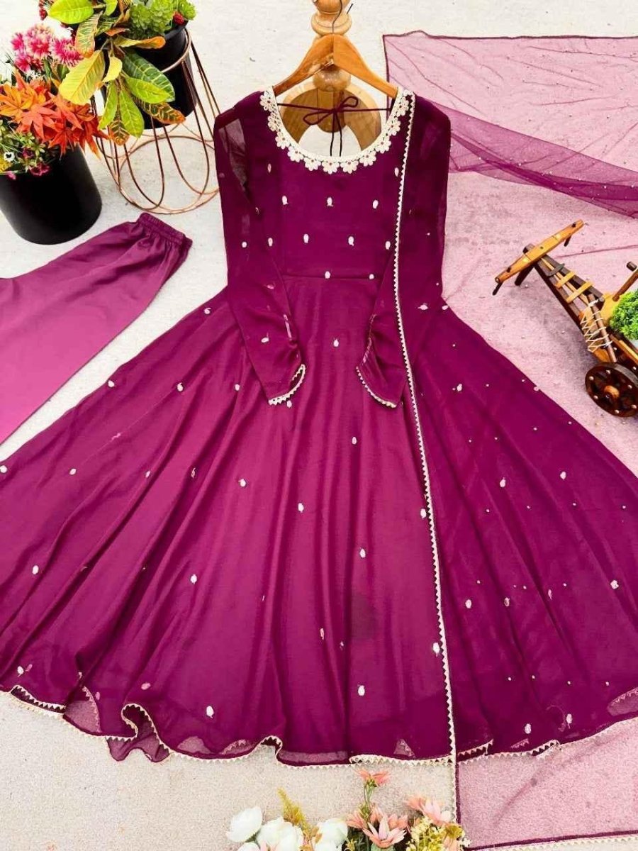 Nayoora Wine Embellished Anarkali Suit Set – Fully Stitched Premium Georgette Flair - Nayoora