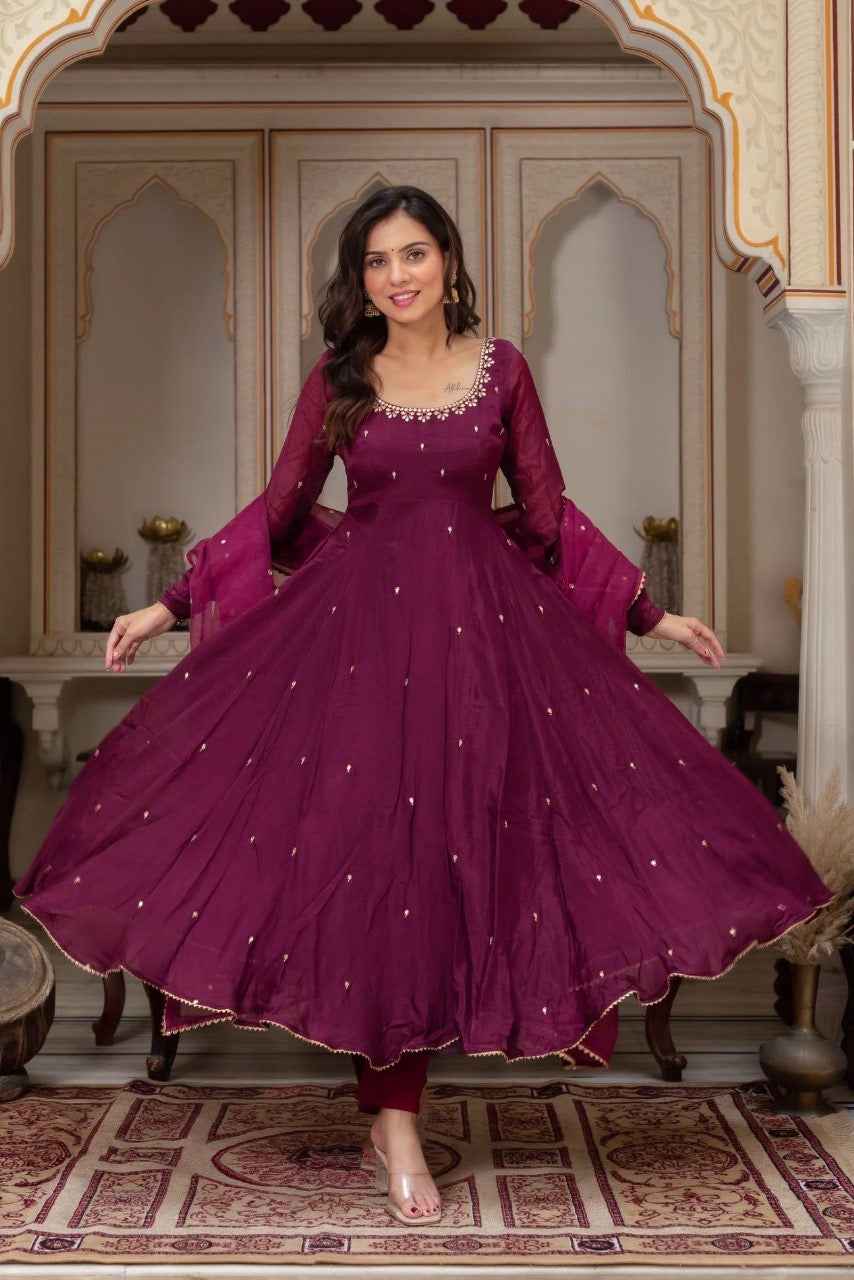 Nayoora Wine Embellished Anarkali Suit Set – Fully Stitched Premium Georgette Flair - Nayoora