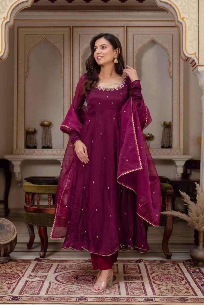Wine embellished anarkali dress with flared skirt, long sleeves, and jeweled neckline