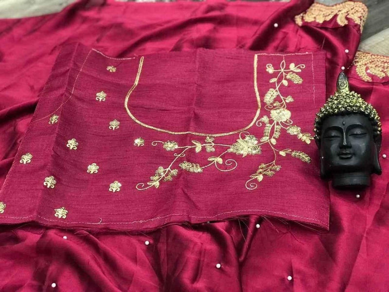 Wine silk saree pallu with gold embroidery vine motifs and small sequin accents