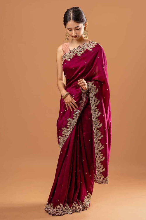 Nayoora Wine Rangoli Silk Saree – Zari & Sequin Cutwork Border - Nayoora