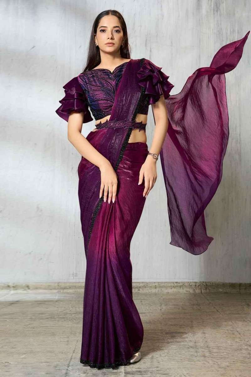 Wine purple satin silk saree with ruffled shoulder sleeves and pleated drape
