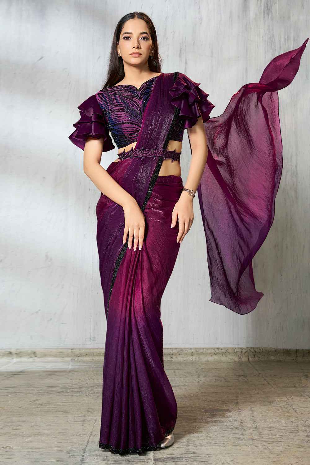 Nayoora Wine Satin Silk Ready - to - Wear Saree - Nayoora
