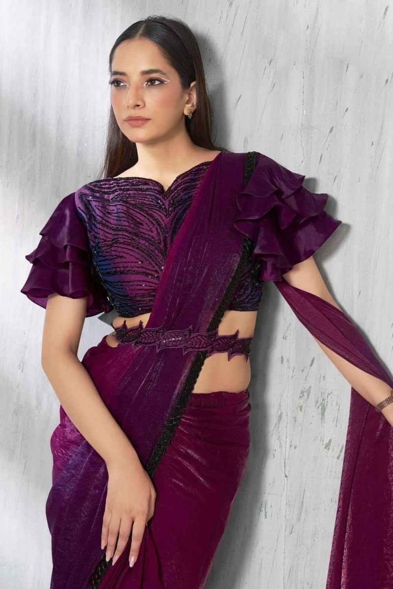Wine purple satin silk saree with ruffled short sleeves and draped pallu