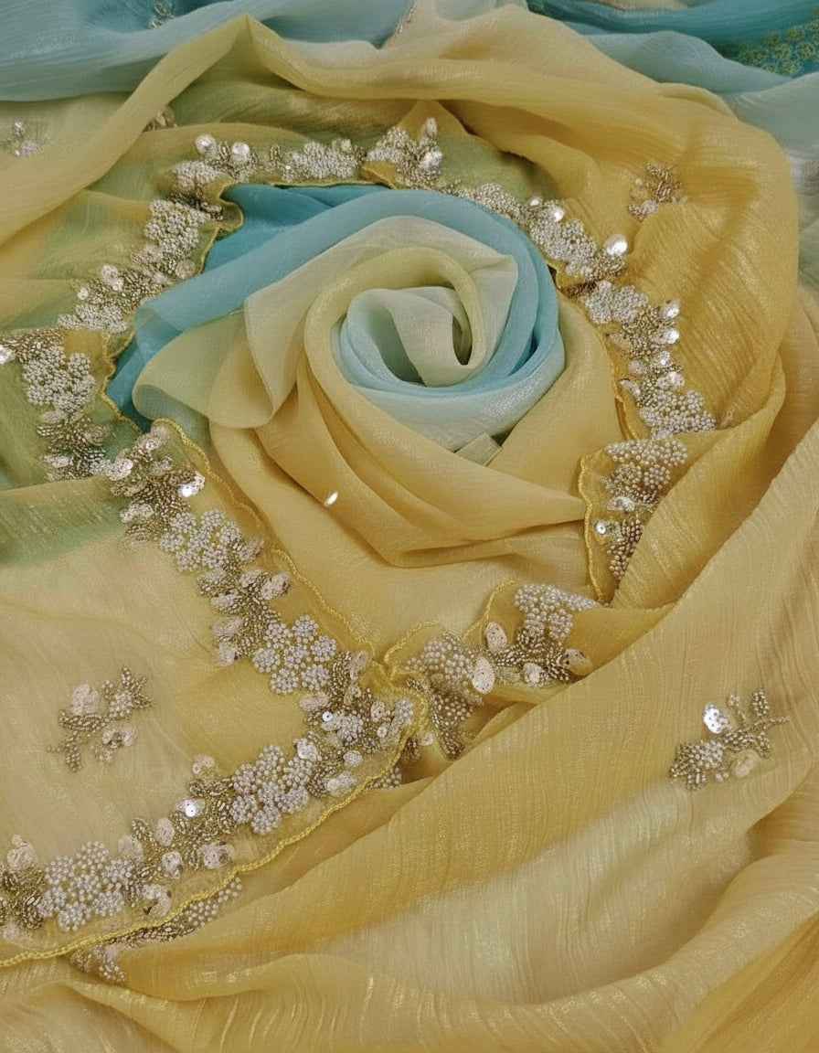 Nayoora Yellow & Blue Ombre Crush Saree – Pearl & Cutdana Handwork - Nayoora