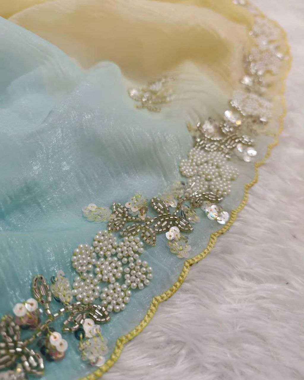 Nayoora Yellow & Blue Ombre Crush Saree – Pearl & Cutdana Handwork - Nayoora