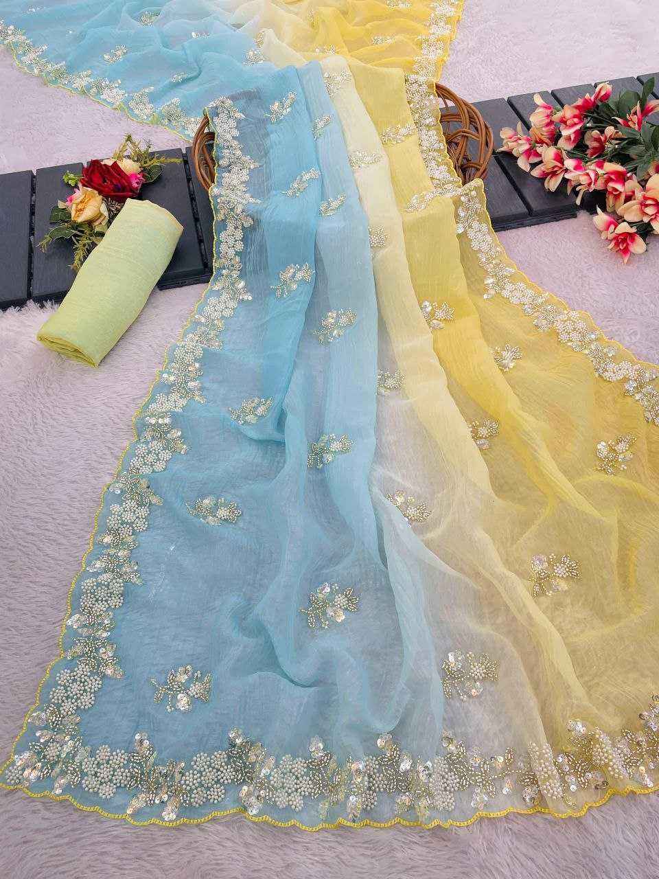 Nayoora Yellow & Blue Ombre Crush Saree – Pearl & Cutdana Handwork - Nayoora