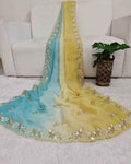 Nayoora Yellow & Blue Ombre Crush Saree – Pearl & Cutdana Handwork - Nayoora