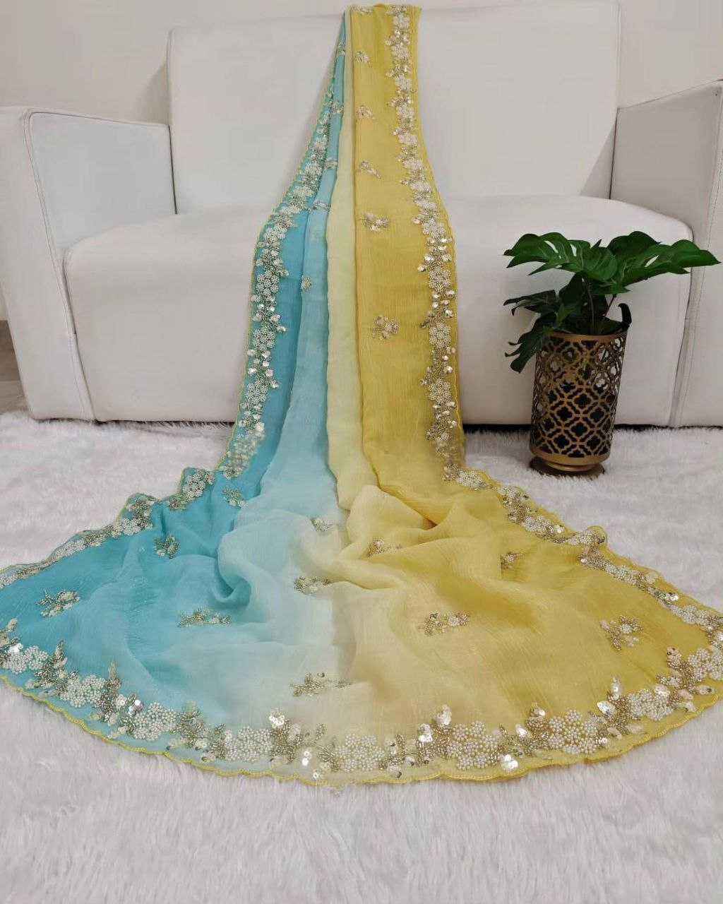 Nayoora Yellow & Blue Ombre Crush Saree – Pearl & Cutdana Handwork - Nayoora