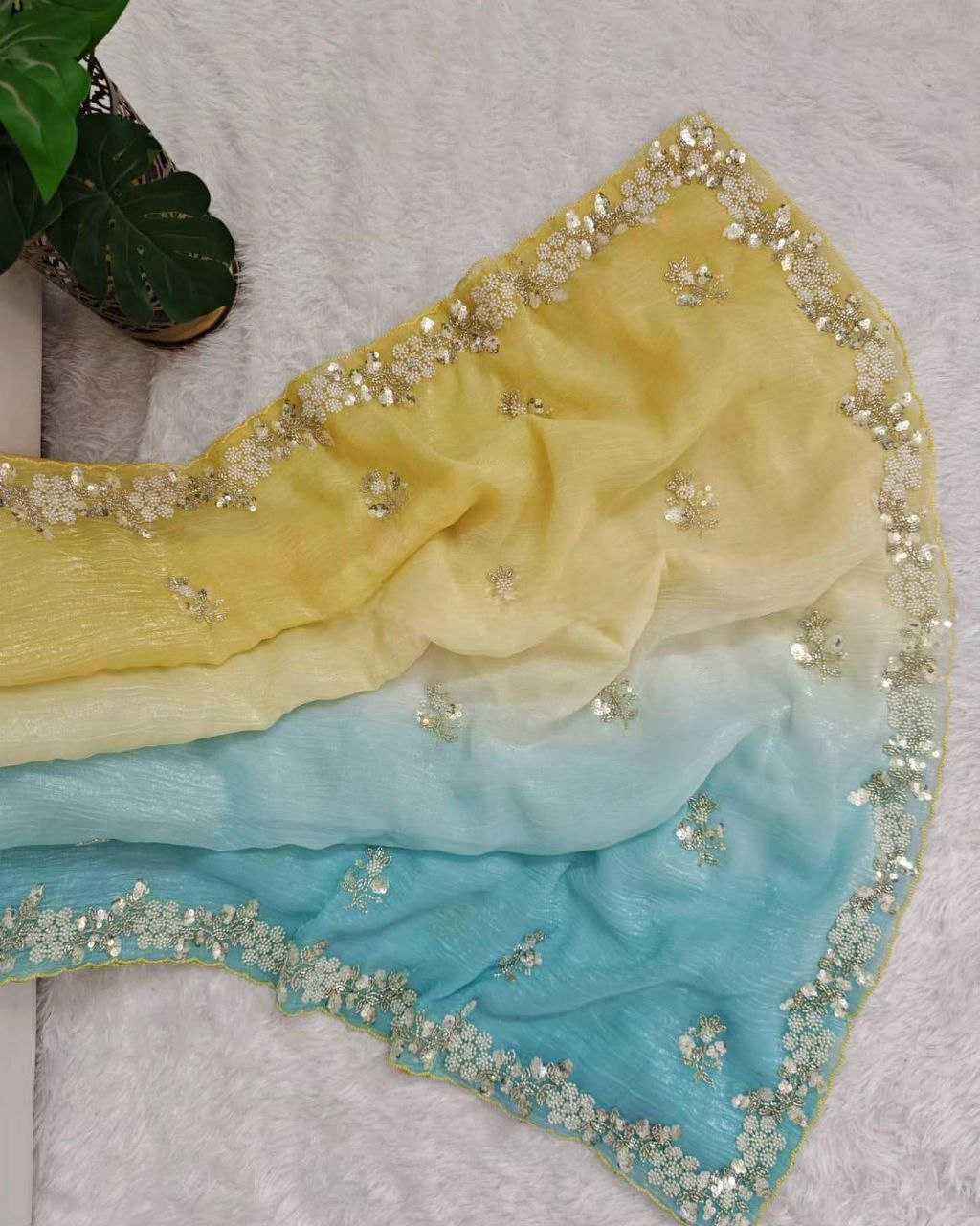 Nayoora Yellow & Blue Ombre Crush Saree – Pearl & Cutdana Handwork - Nayoora