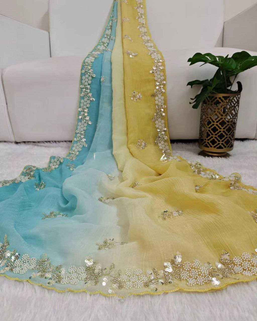 Nayoora Yellow & Blue Ombre Crush Saree – Pearl & Cutdana Handwork - Nayoora