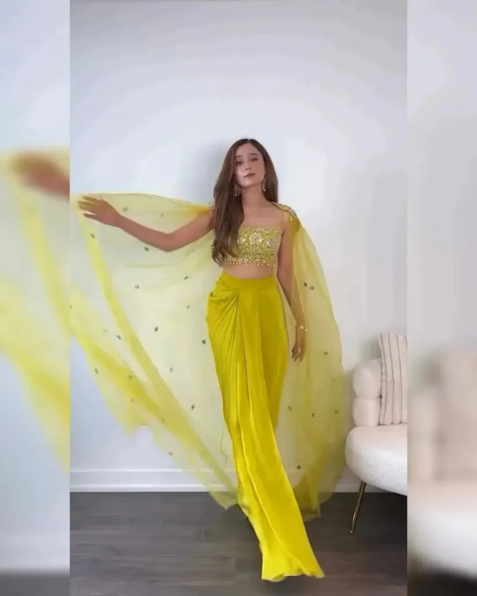 Nayoora Yellow Chinnon Sequins Dhoti Co - Ord Set - Nayoora