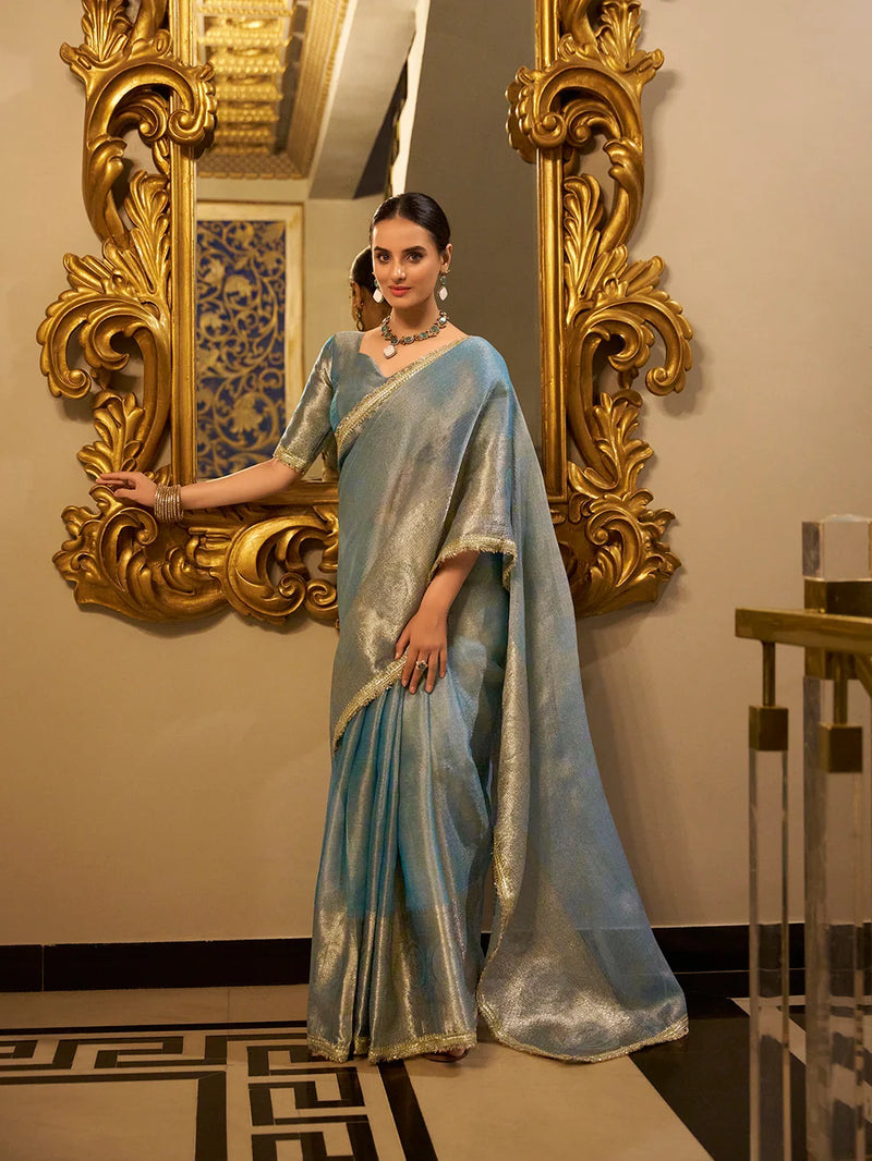 Nayoora Sky Blue Tissue Shimmer Saree with Zari Weaving & Sequins Lace Border