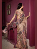 Beige georgette saree with multi-color mirror and sequin embellishment, draped look