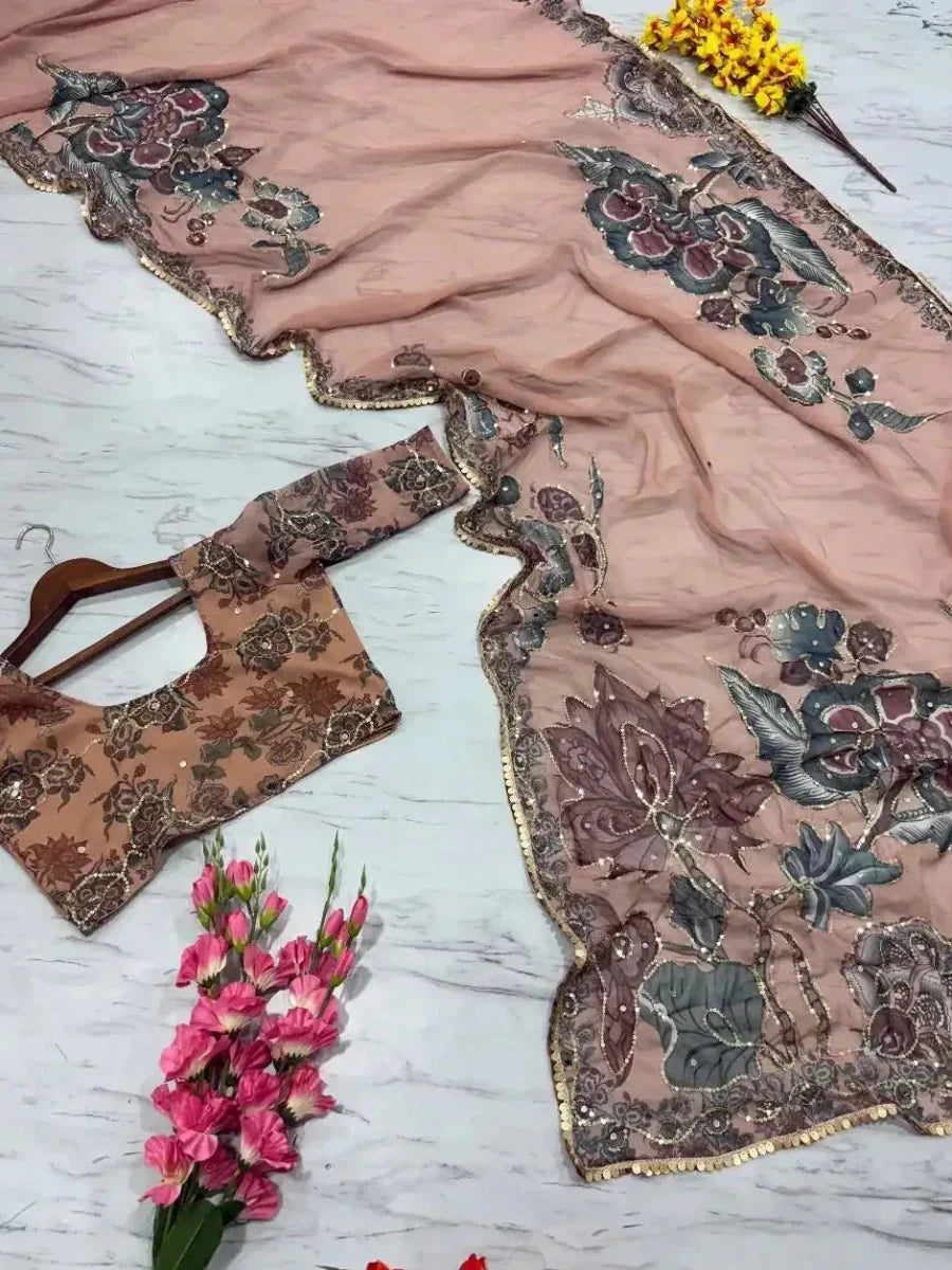 Beige saree set pieces with floral and mirror sequin motifs, laid flat