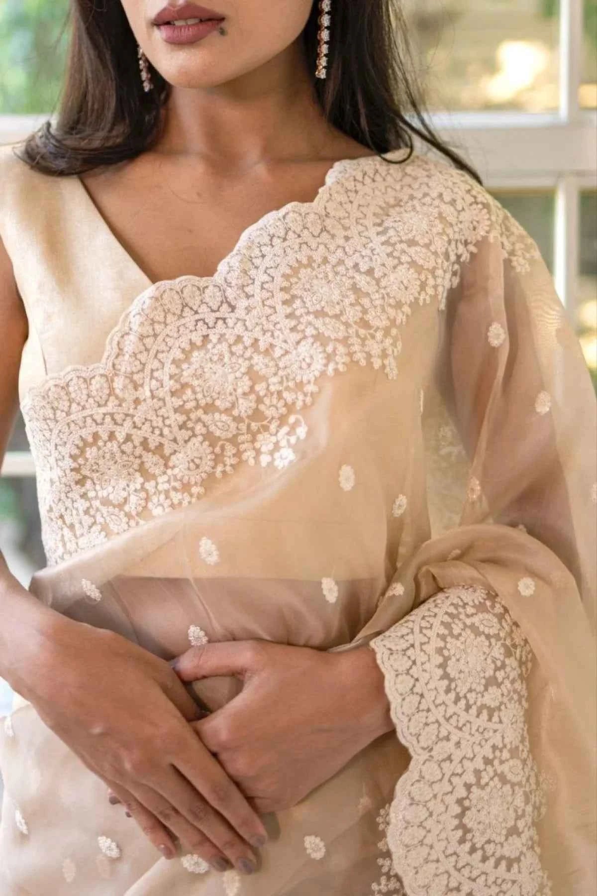Nude Beige Georgette Saree – White Thread & Cutwork Embroidery - Nayoora
