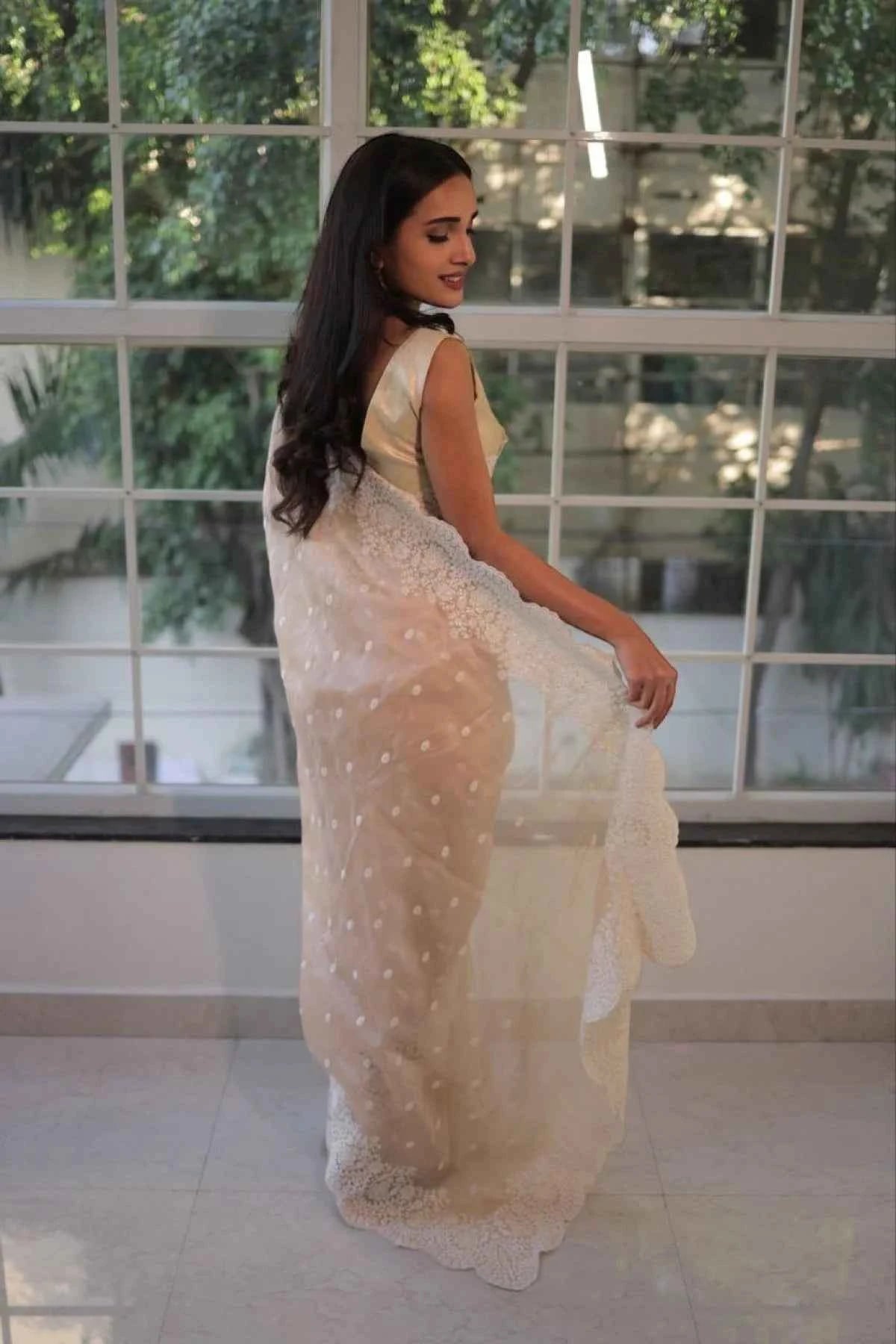 Nude Beige Georgette Saree – White Thread & Cutwork Embroidery - Nayoora