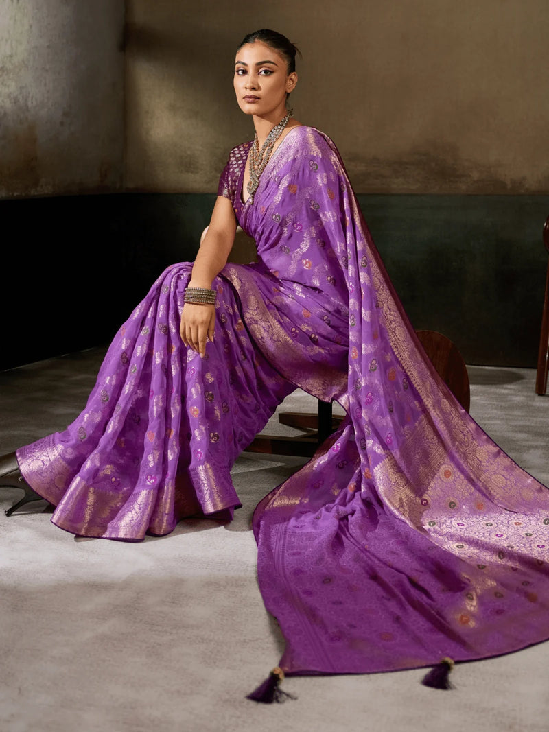 Nayoora Orchid Purple Khaddi Georgette Hand-Dyed Meenakari Saree