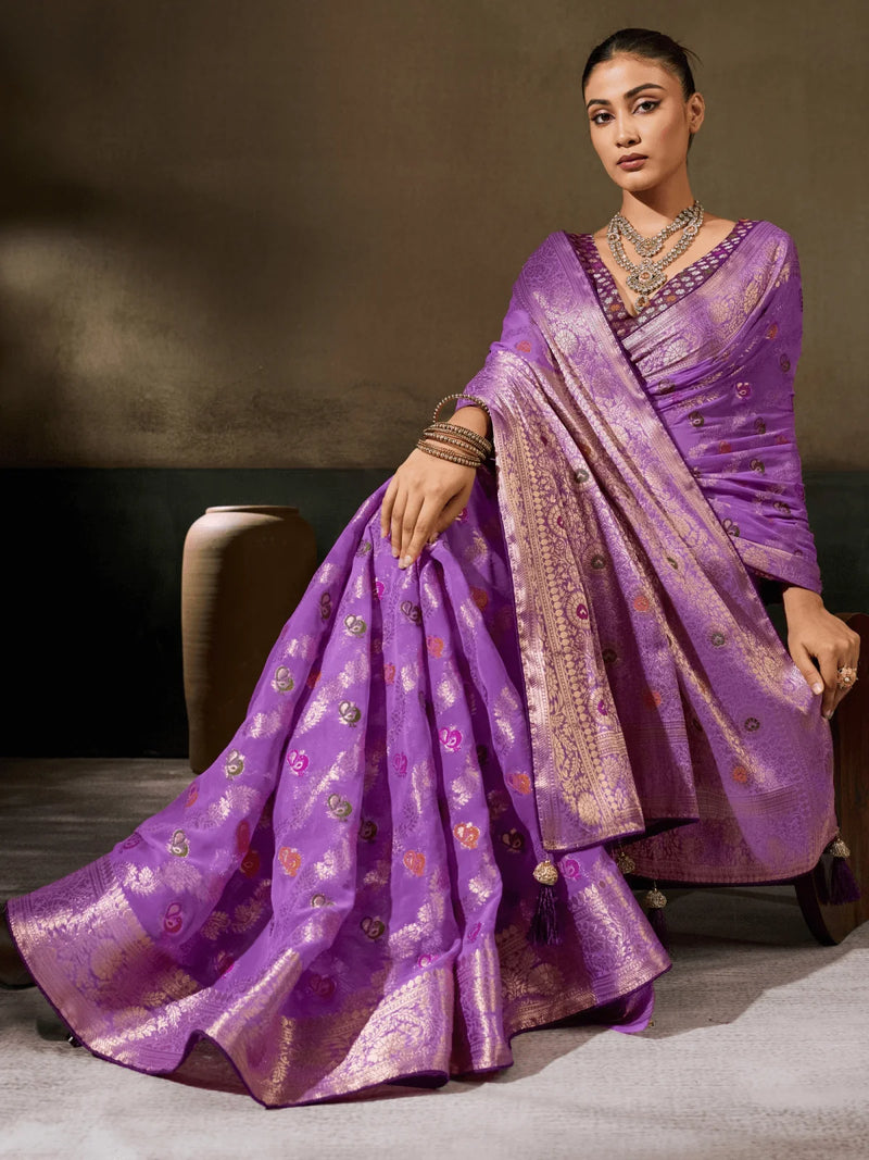 Nayoora Orchid Purple Khaddi Georgette Hand-Dyed Meenakari Saree