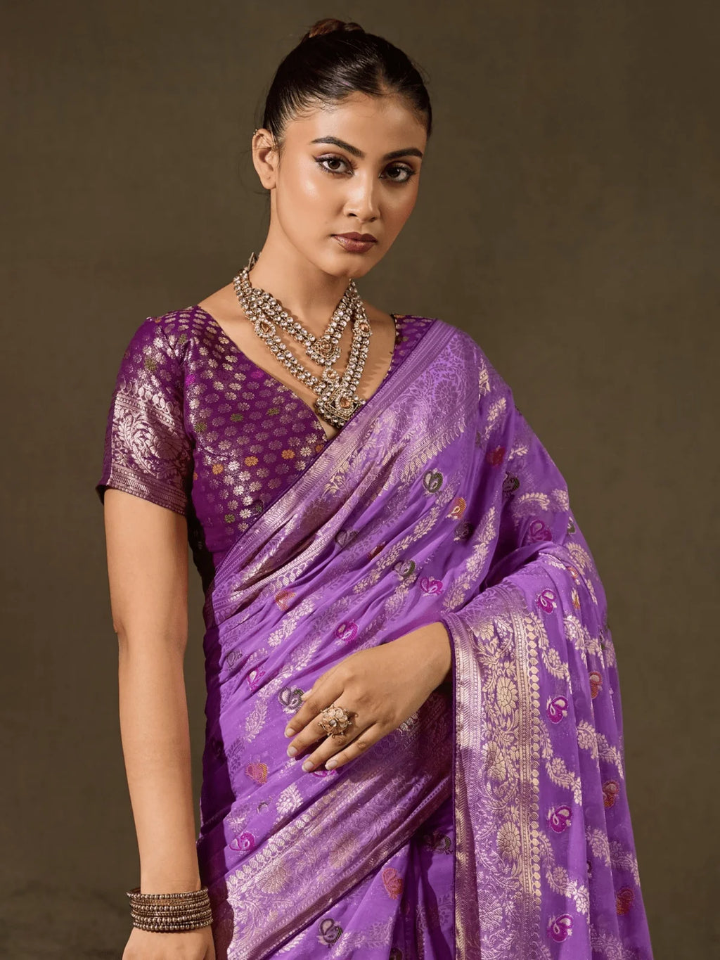Nayoora Orchid Purple Khaddi Georgette Hand-Dyed Meenakari Saree