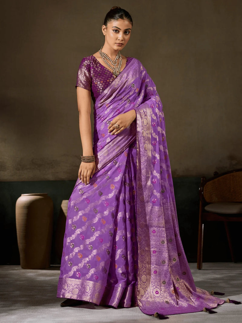 Nayoora Orchid Purple Khaddi Georgette Hand-Dyed Meenakari Saree