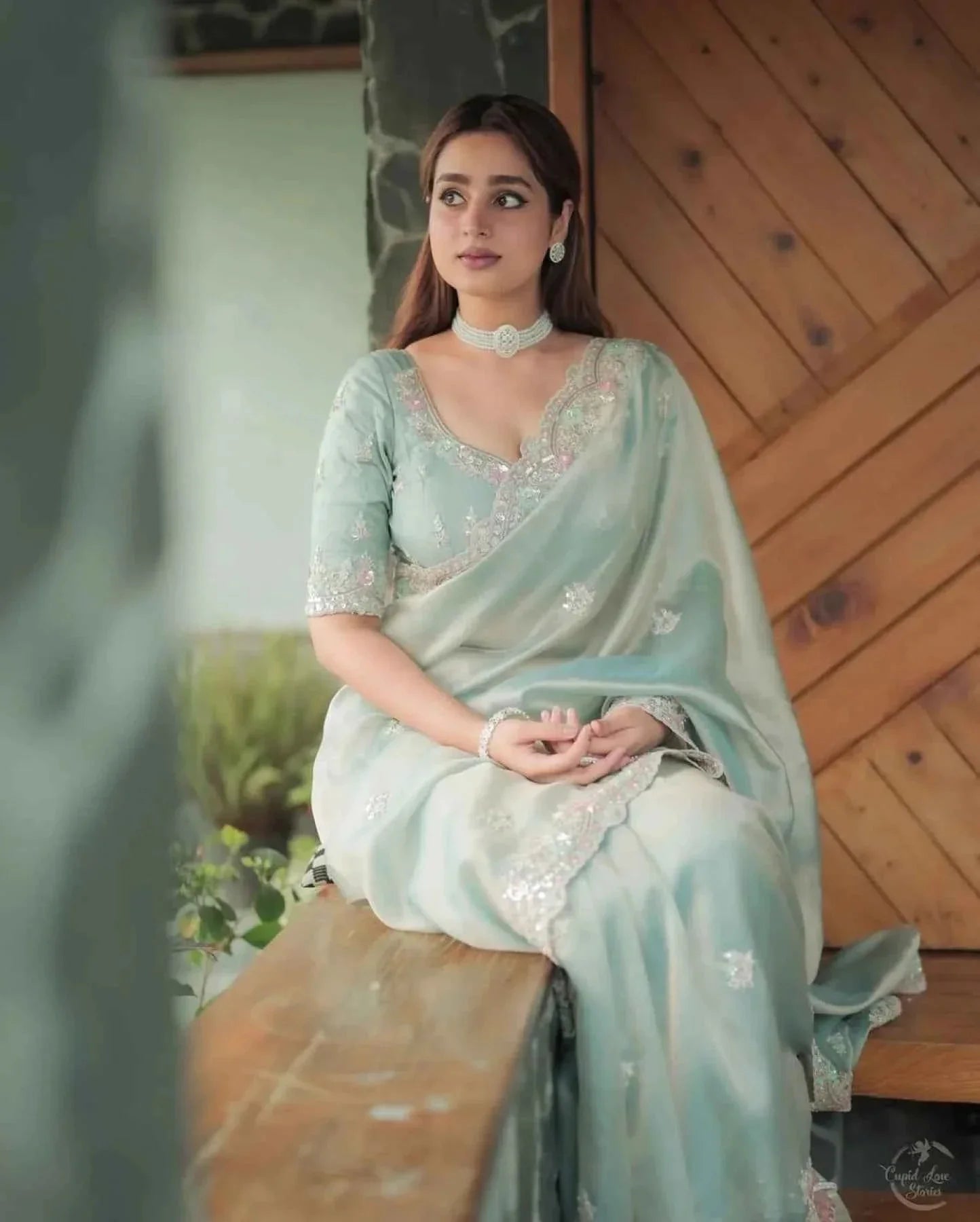 Woman wearing pastel green satin silk saree with sequin cutwork embroidery sitting on a wooden bench