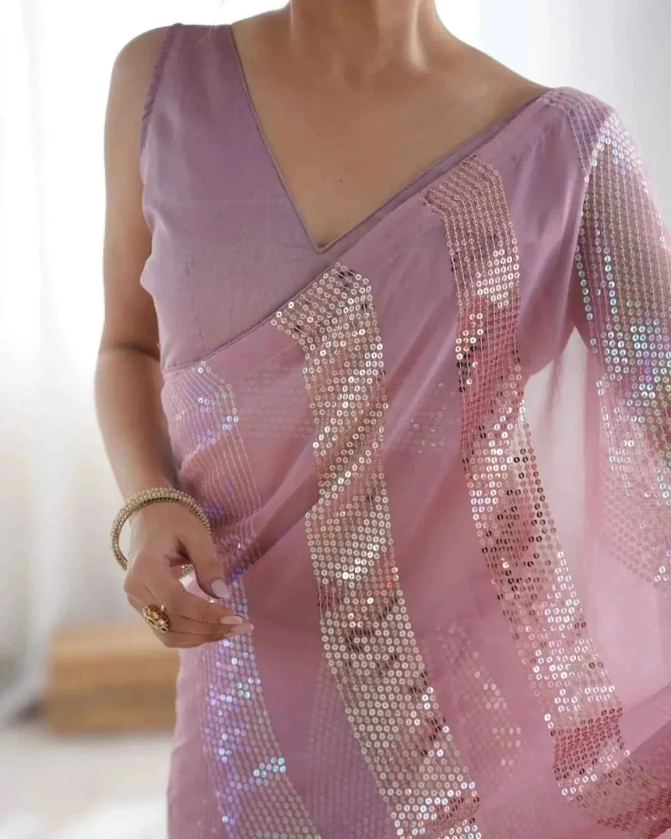 Pastel Pink Georgette Saree – Linear Sequin Embroidery - Nayoora