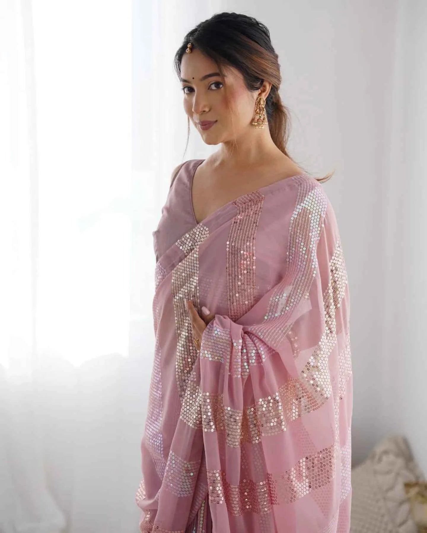 Pastel Pink Georgette Saree – Linear Sequin Embroidery - Nayoora