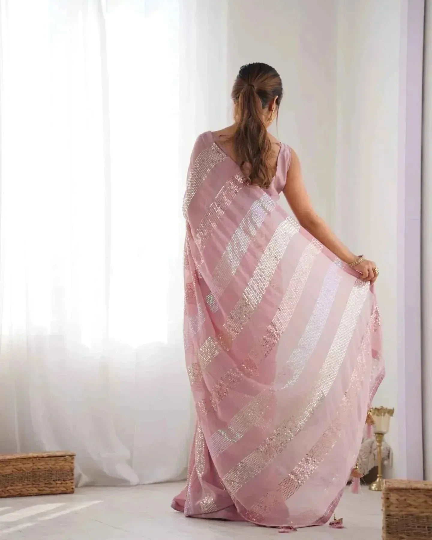 Pastel Pink Georgette Saree – Linear Sequin Embroidery - Nayoora