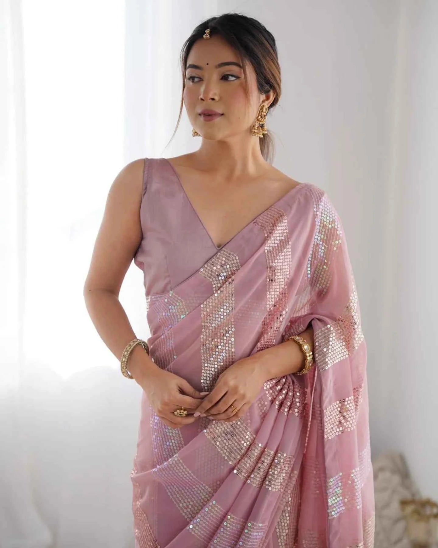 Pastel Pink Georgette Saree – Linear Sequin Embroidery - Nayoora