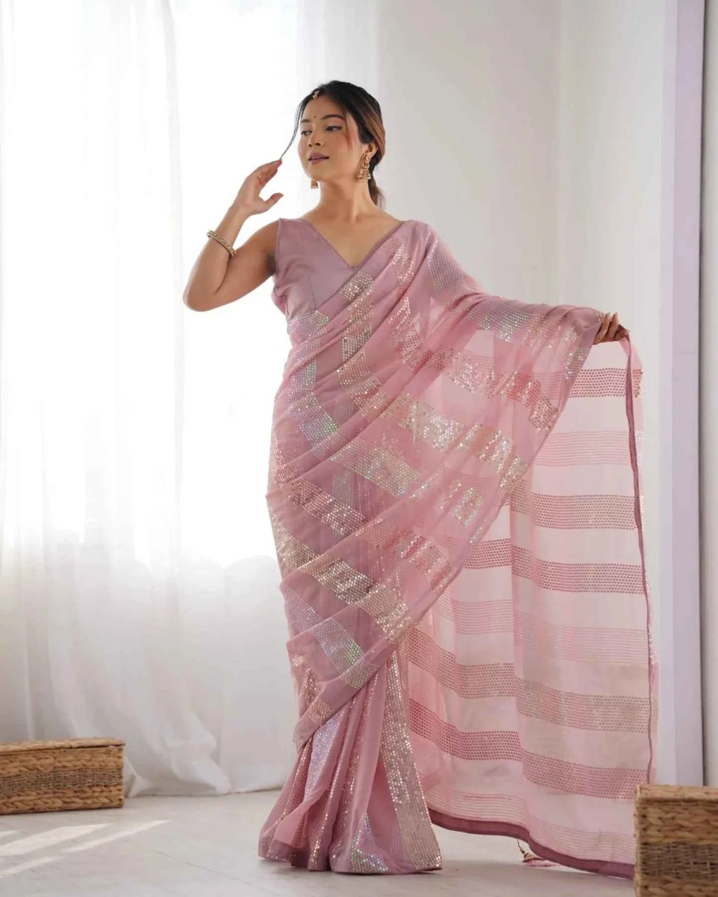 Pastel Pink Georgette Saree – Linear Sequin Embroidery - Nayoora