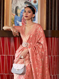 Woman wearing peach Katan silk saree with zari weaving and silver belt, holding grey handbag