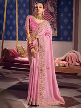 Pink tissue silk saree with beadwork and zari detailing