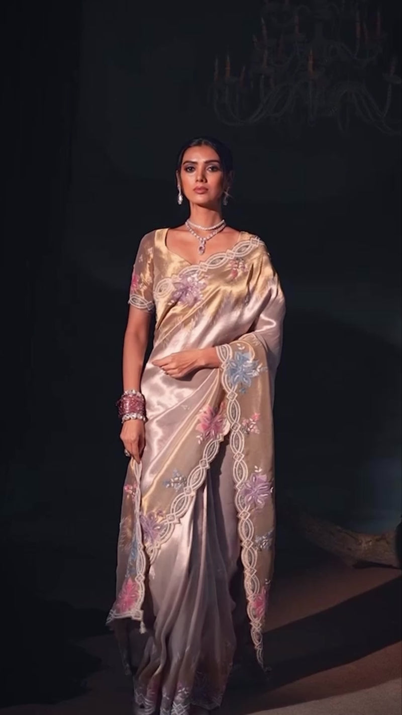 Nayoora Champagne Gold Silk Saree with Floral Embroidery
