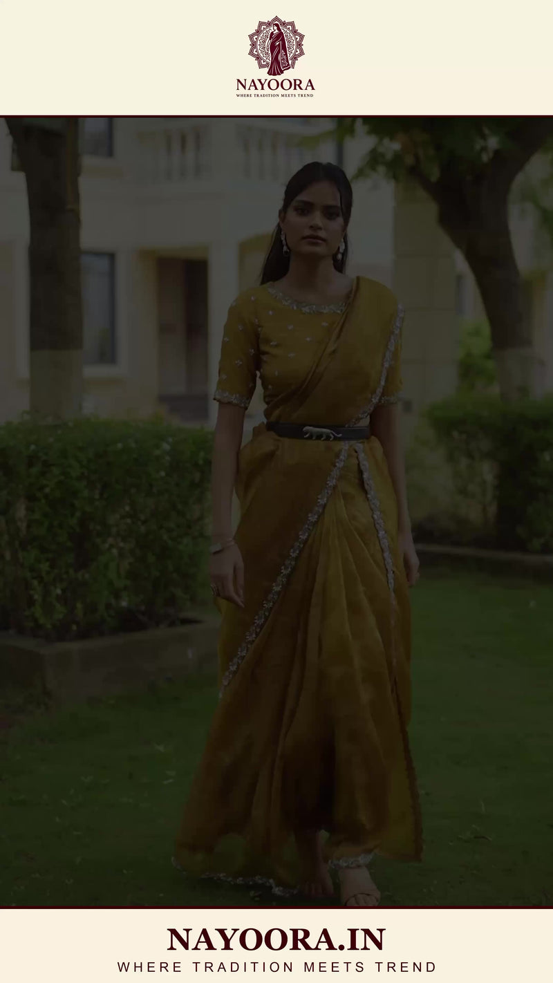 Nayoora Antique Gold Two-Tone Satin Silk Embroidered Saree
